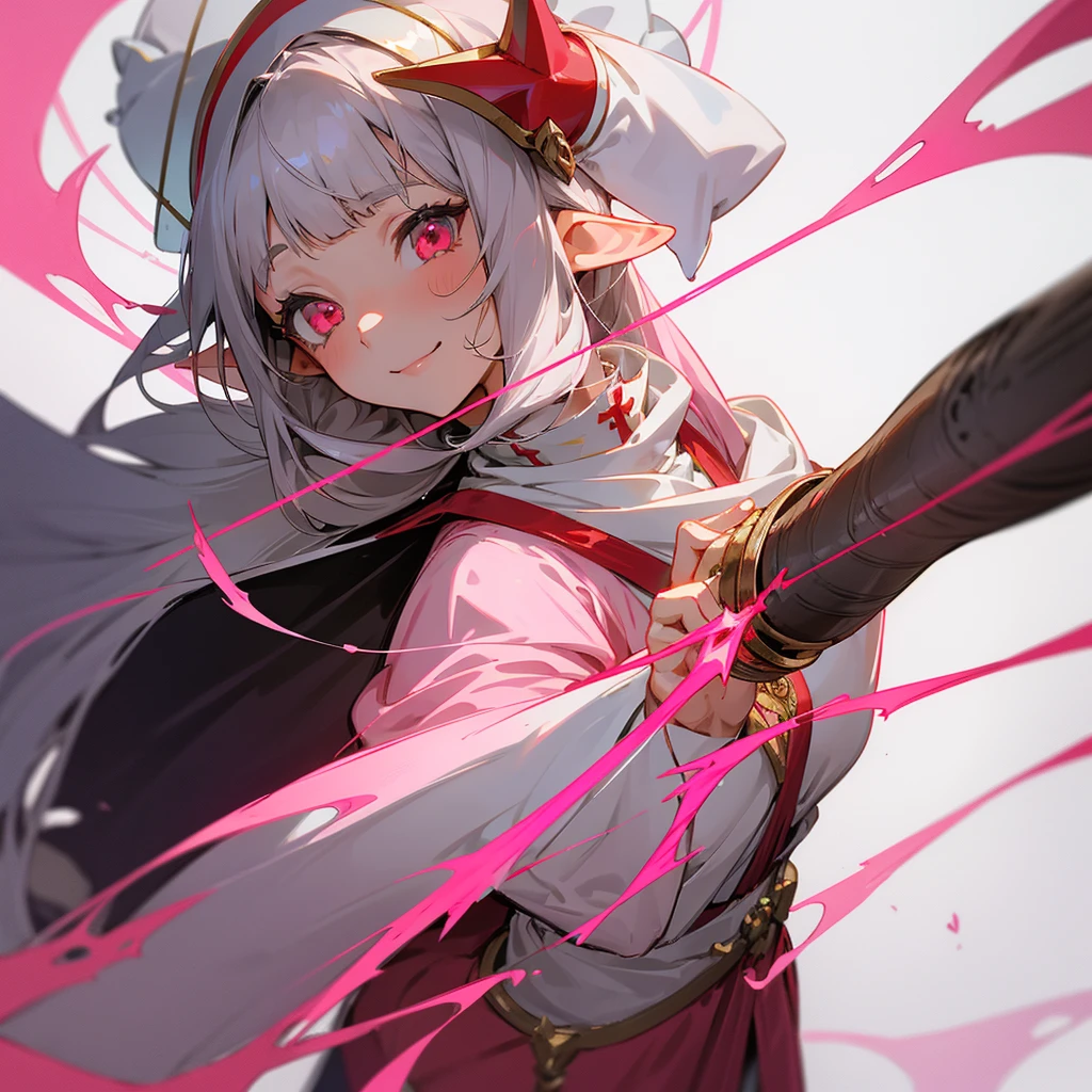Draw me an mature girl anime,she had a straight bangs and long hair with silver colour,she had a elf ear,and red colour eye. Wearing a priestess pink colour outfit with head cap,and holding a holy stick,she smiling to camera,white background, beautiful art,holy string behind her