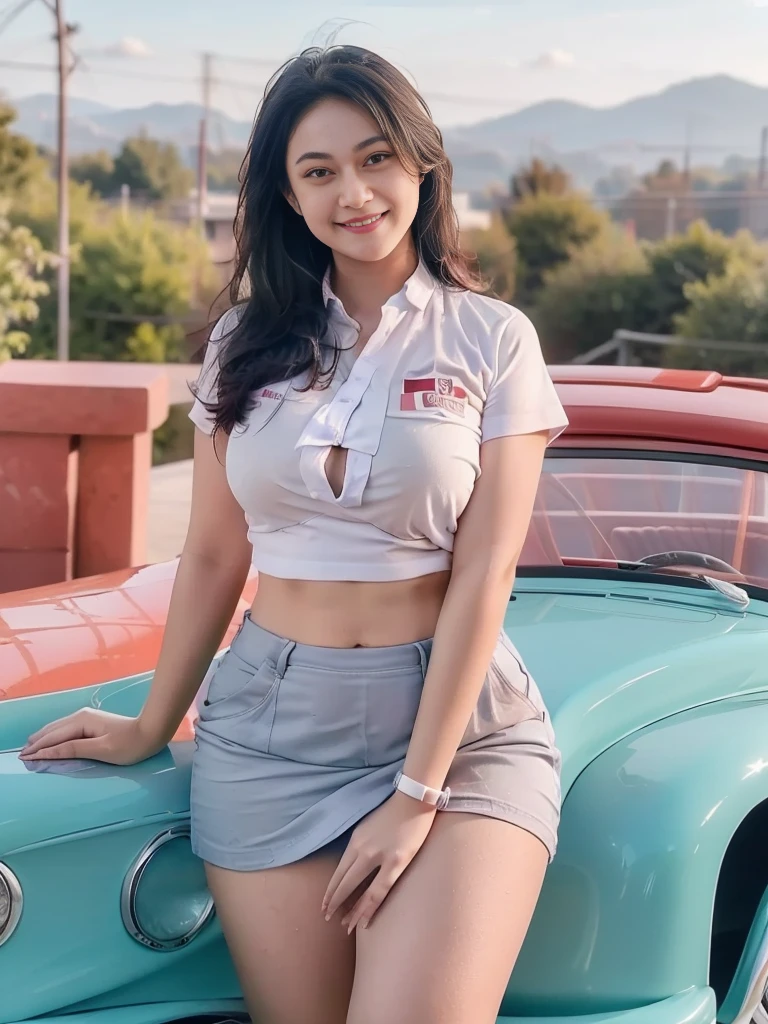 1girl, solo, 19 years old, (uniform), detailed Metropolitan city at the background, portrait, thick breasts, semi-curvy body, Sixpack abs, smooth realistic skin, cute smile, tight white shirt, grey blue short skirt, looking at the audience, high angle shot,(8k, RAW photo, best quality, masterpiece: 1.3), (realistic, realistic: 1.37), ultra-high resolution, cowboy shot