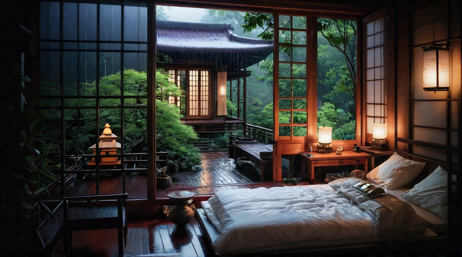 a bed sitting in a bedroom next to a window, a picture, inspired by Itō Jakuchū, unsplash contest winner, sōsaku hanga, at evening during rain, beautiful house on a forest path, zen temple background, lush plants and lanterns