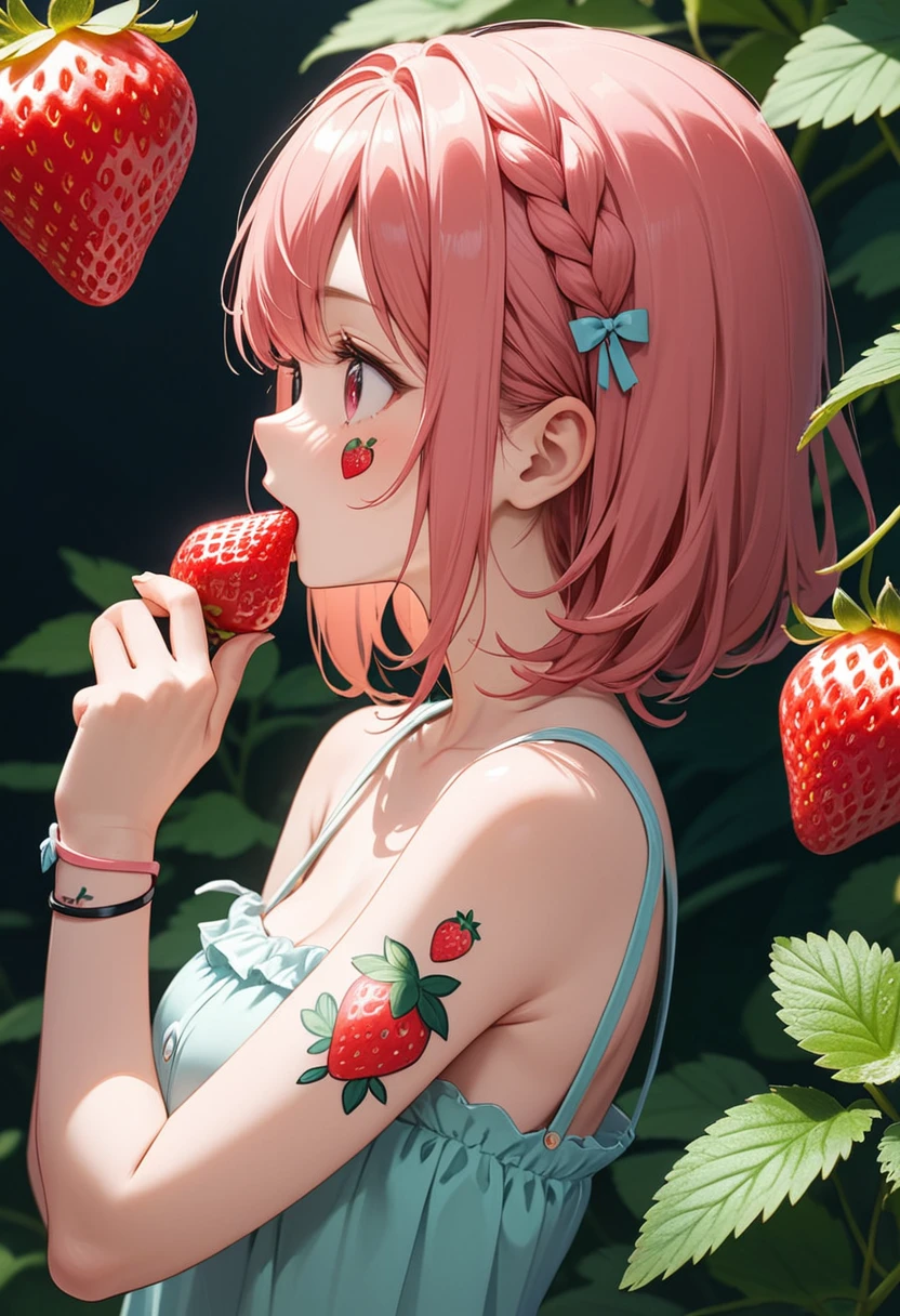 A Strawberry, cute girl, single strawberry tattoo on arm, holding strawberry, side view
