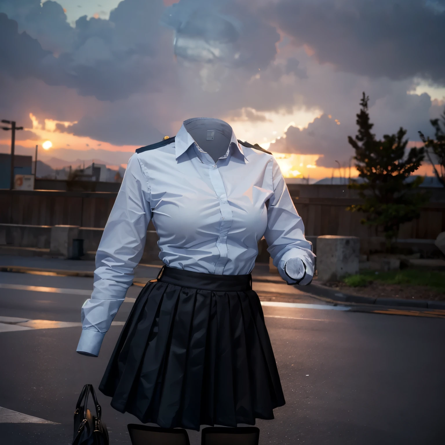 (invisible, no humans, headless, handless, faceless:1.5),cute big breasts, dynamic angle, white shirt, pleated skirt, striped necktie, collared shirt, black jacket, black skirt, long sleeves, school uniform, black socks, sarashina ruka, (close-up to breasts:1.5), best quality, high resolution, (8k, RAW photo, best quality, masterpiece:1.2), (realistic, photo-realistic:1.37), photon mapping, radiosity, ((Hasselblad photography)), physically-based rendering
