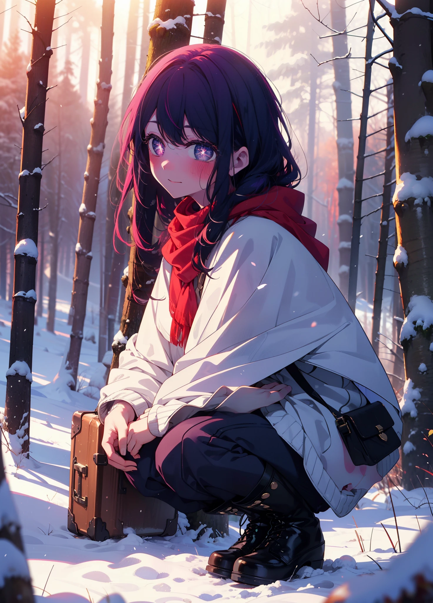 aihoshino, Ai Hoshino, Long Hair, bangs, (Purple eyes:1.1), Purple Hair, (Symbol-shaped pupil:1.5), smile,,smile,blush,white breath,
Open your mouth,snow,Ground bonfire, Outdoor, boots, snowing, From the side, wood, suitcase, Cape, Blurred, , forest, White handbag, nature, Squat, Mouth closed, Cape, winter, Written boundary depth, Black shoes, red Cape break looking at viewer, Upper Body, whole body, break Outdoor, forest, nature, break (masterpiece:1.2), Highest quality, High resolution, unity 8k wallpaper, (shape:0.8), (Beautiful and beautiful eyes:1.6), Highly detailed face, Perfect lighting, Extremely detailed CG, (Perfect hands, Perfect Anatomy),