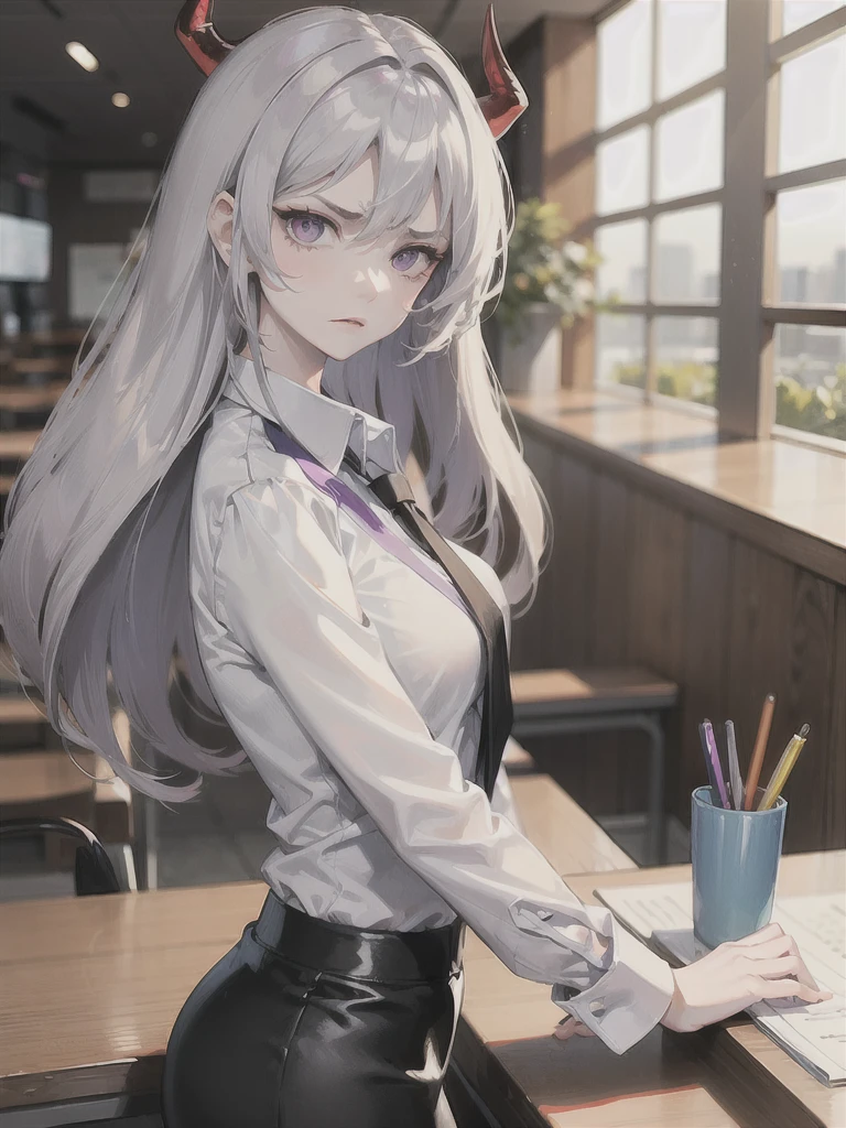 office lady, matured looking, long hair middle split, silver hair, purple horns, devil, pale skin, skinny body, tall, wearing white shirt and pencil skirt, serious expression, frowning