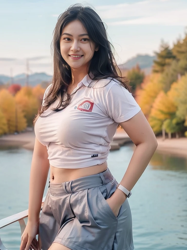 1girl, solo, 19 years old, (uniform), detailed Metropolitan city at the background, portrait, thick breasts, semi-curvy body, Sixpack abs, smooth realistic skin, cute smile, tight white shirt, grey blue short skirt, looking at the audience, high angle shot,(8k, RAW photo, best quality, masterpiece: 1.3), (realistic, realistic: 1.37), ultra-high resolution, cowboy shot