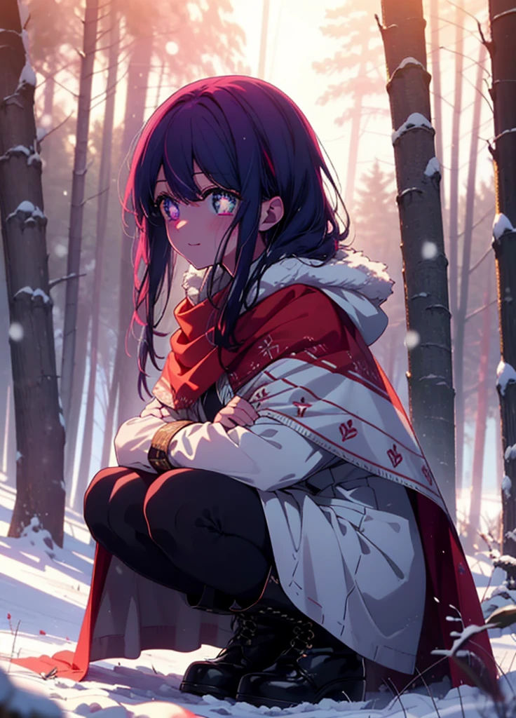 aihoshino, Ai Hoshino, Long Hair, bangs, (Purple eyes:1.1), Purple Hair, (Symbol-shaped pupil:1.5), smile,,smile,blush,white breath,
Open your mouth,snow,Ground bonfire, Outdoor, boots, snowing, From the side, wood, suitcase, Cape, Blurred, , forest, White handbag, nature, Squat, Mouth closed, Cape, winter, Written boundary depth, Black shoes, red Cape break looking at viewer, Upper Body, whole body, break Outdoor, forest, nature, break (masterpiece:1.2), Highest quality, High resolution, unity 8k wallpaper, (shape:0.8), (Beautiful and beautiful eyes:1.6), Highly detailed face, Perfect lighting, Extremely detailed CG, (Perfect hands, Perfect Anatomy),