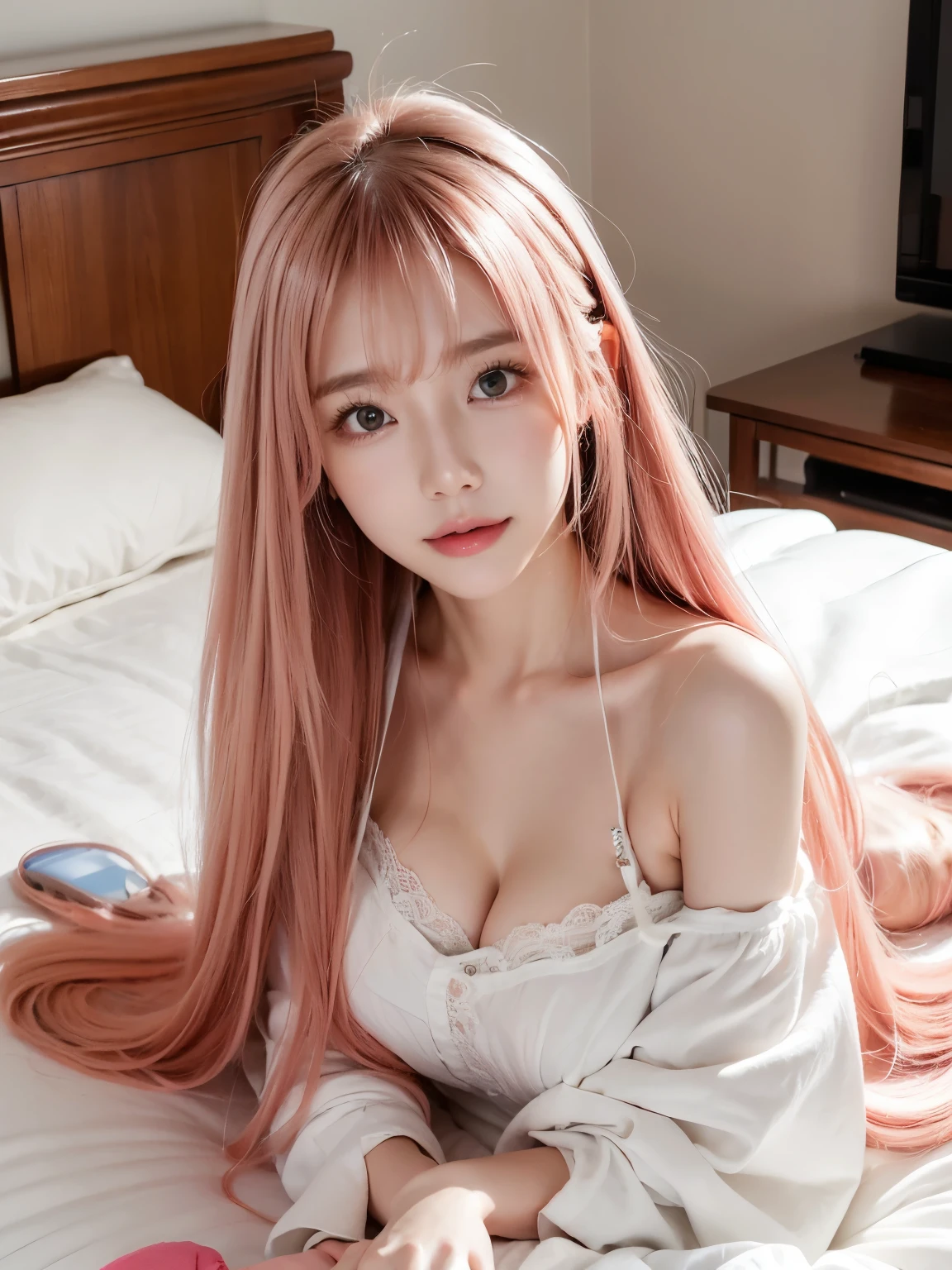 lie on one’s back、Lie on your back,High quality, Ultra detailed, best quality, insanely detailed, beautiful, masterpiece,(Detailed beautiful white skin:1.3),Beautiful Japanese, Shiny bright hair,Beautiful breasts,Beautiful Valley,Put your chest together,Very detailed,(Beautiful pink hair, Beautiful eyes, Long Hair, )smile、Hair blowing in the wind、ribbon、Off-the-shoulder dress、Natural pose、Full Body、pillow、bed、stuffed toy、