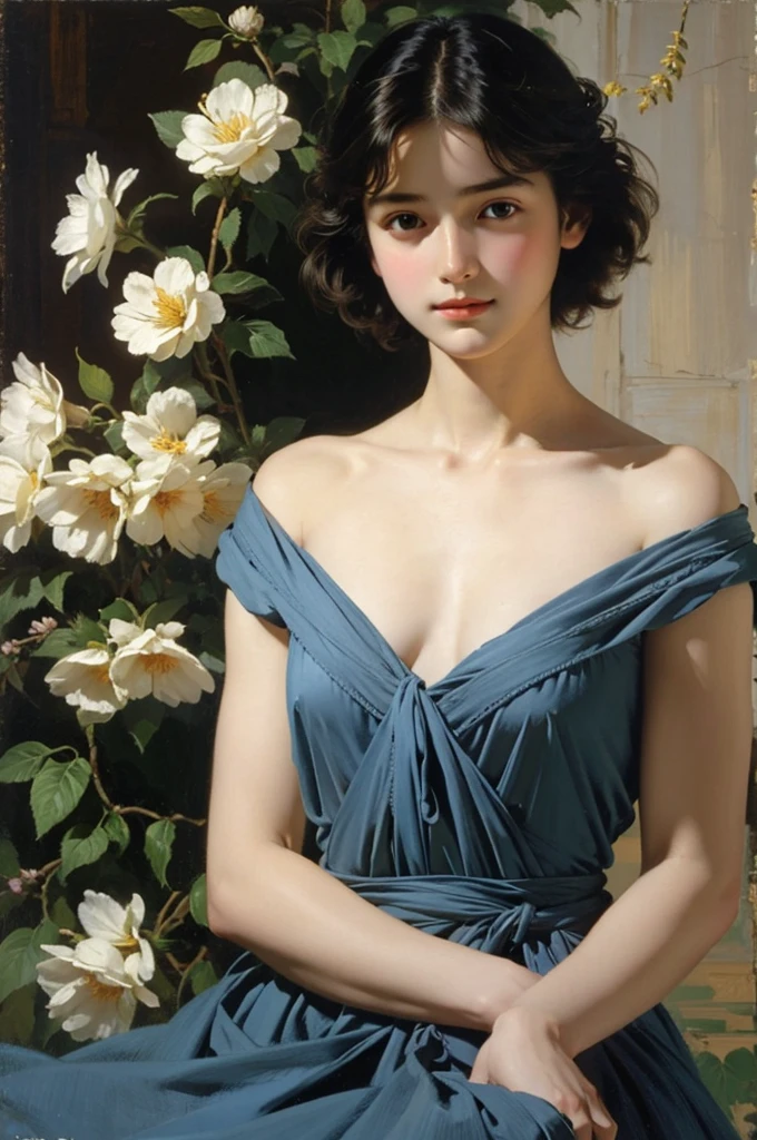 (masterpiece), (highest quality), oil, classical painting, girl, portrait,naked bare shoulders, (beautiful evening dress:1.2), earth color, flowers、(Sargent oil painting)、(highest quality、masterpiece)、 Realistic, photorealist,solo,beautiful face、lifelike face、black haired、short hair、beautiful hairstyle、 real looking skin、beautiful skin、attractive、Cute blouse、 Upper body,detailed,dark background,Backlight、soft light、Inspired by Edmund Leighton,, small breasts, shy face,