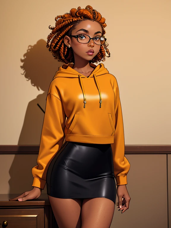 (masterpiece,best quality,absurdres,beautiful,aesthetic,detailed), (Detailed face:1.2), (Detailed eyes:1.2), 1girl, solo, 20 year old college student, ((slim, petite)) , she has tan-bronze skin with some freckles, short curly black hair with orange highlights, amber colored eyes, (Wearing: reading glasses, yellow hoodie, black pencil skirt), college background