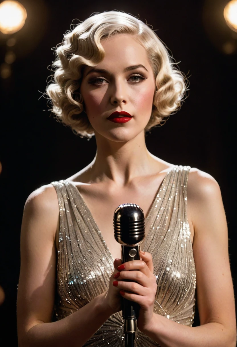 girl, (((elegant 1920s singer))), waterwave hairstyle, vintage sequined dress, holding a vintage microphone, glamorous makeup, femme fatale, art deco stage, performing in a grand theater, photorealism, highly detailed, ultra quality, cinematic lighting, realistic skin texture, (((white hair))) (feminine), ((alluring facial expression)), ((exquisitely detailed facial features)), ((perfect eyes)), extremely detailed painting, intricate, ((Bastien Lecouffe-Deharme art style)), 8k wallpaper, nikon, trending on Artstation, trending on CGSociety, midjourney art, (sensual), ((full lips))
