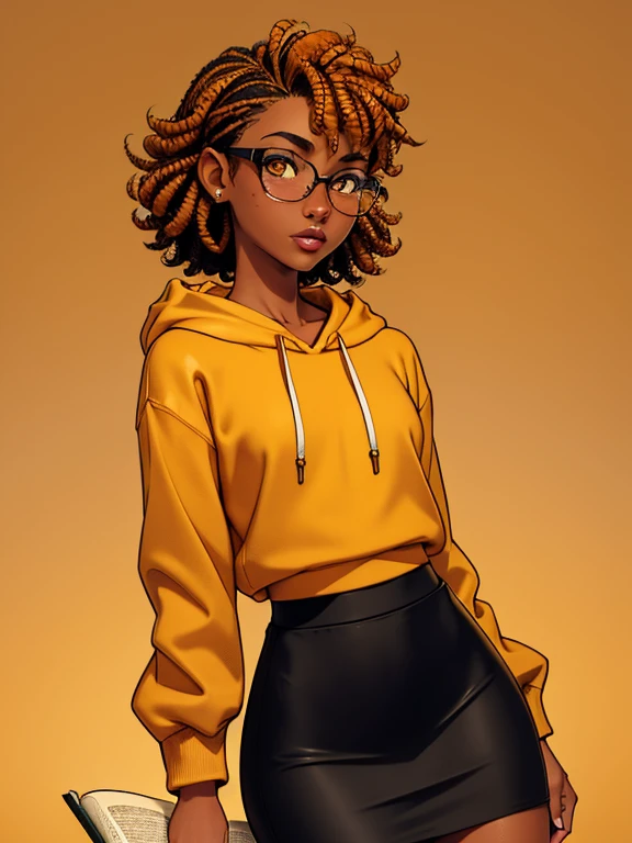 (masterpiece,best quality,absurdres,beautiful,aesthetic,detailed), (Detailed face:1.2), (Detailed eyes:1.2), 1girl, solo, 20 year old college student, ((slim, petite)) , she has tan-bronze skin with some freckles, short curly black hair with orange highlights, amber colored eyes, (Wearing: reading glasses, yellow hoodie, black pencil skirt), college background
