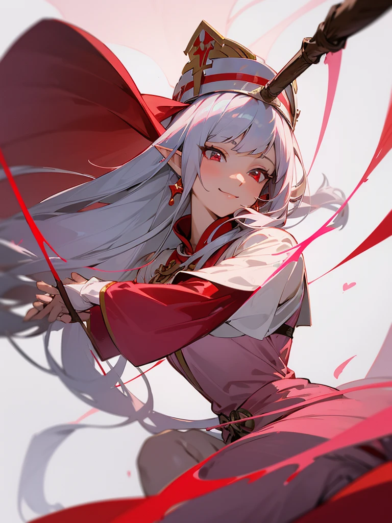 Draw me an mature girl anime,she had a straight bangs and long hair with silver colour,she had a elf ear,and red colour eye. Wearing a priestess pink colour outfit with head cap,and holding a holy stick,she smiling to camera,white background, beautiful art,holy string behind her