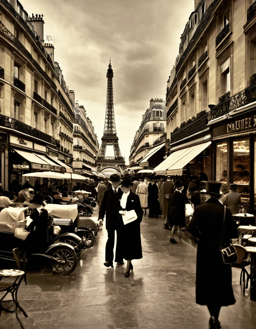 paris , artwork, 1920s, 16:10 aspect ratio , Champs-elysée, vintage vibes , day , pastry shops and cafes 