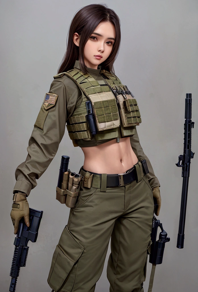 Women in crop top military bulletproof vest , military green cargo pants, belt, military helmet, tactical, (open navel), ((holding pistol))