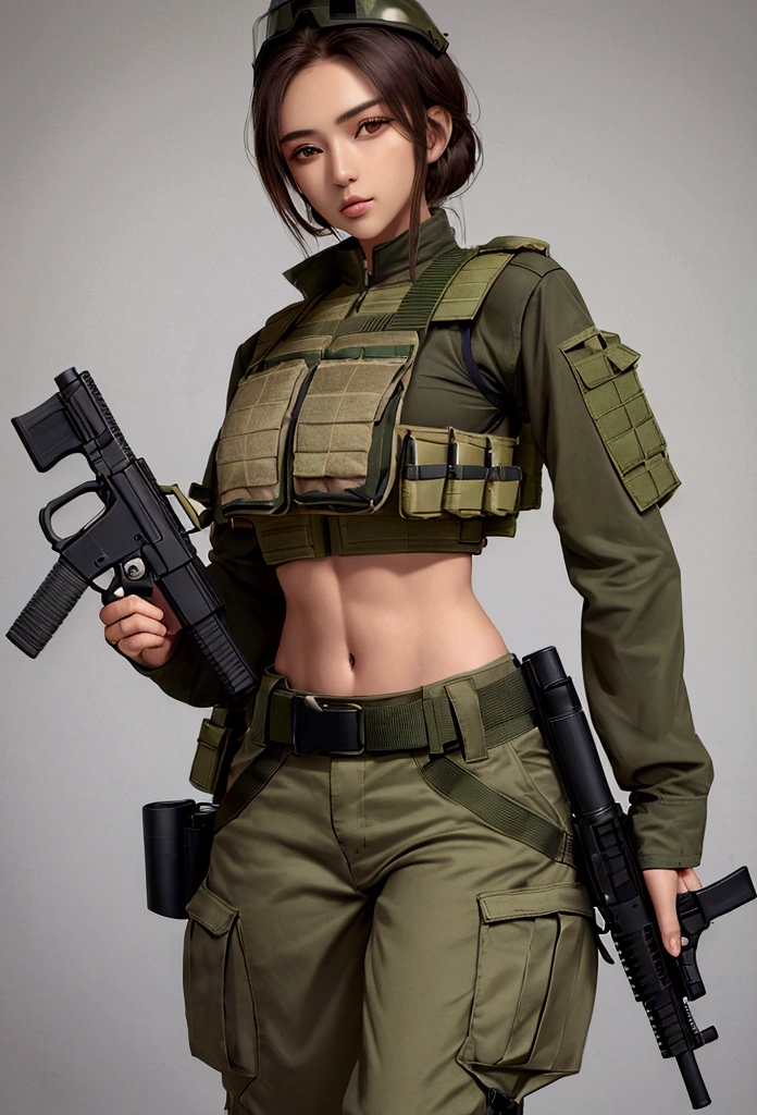 Women in crop top military bulletproof vest , military green cargo pants, belt, military helmet, tactical, (open navel), ((holding pistol))
