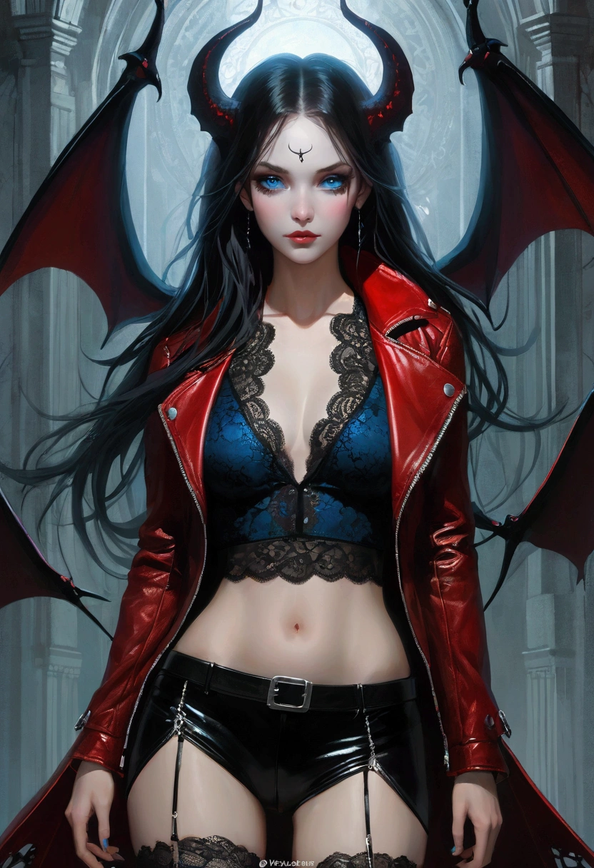 ((Intricate details)),dark fantasy style, GLOOMY AMBIANCE, (Beautiful succubus girl, Long hair), (Beautiful symmetrical blue eyes), (Sexy black lace outfit), (Red leather jacket), Soft colors, Clear focus, Dynamic poses, (Ed Blinky's magnificent paintings, Artie Guerin, author:Jeremy Mann, Greg Manches),