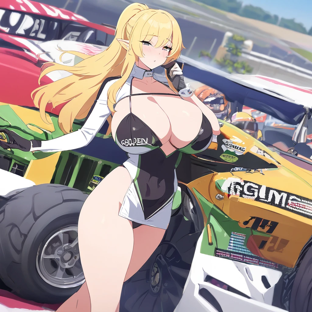 MILF elf, golden hair, ponytail, long hair, racing queen, tight clothes, J cup breast, thicc thigh, black thong, deep cleavage, racing scene, masterpiece, clear view