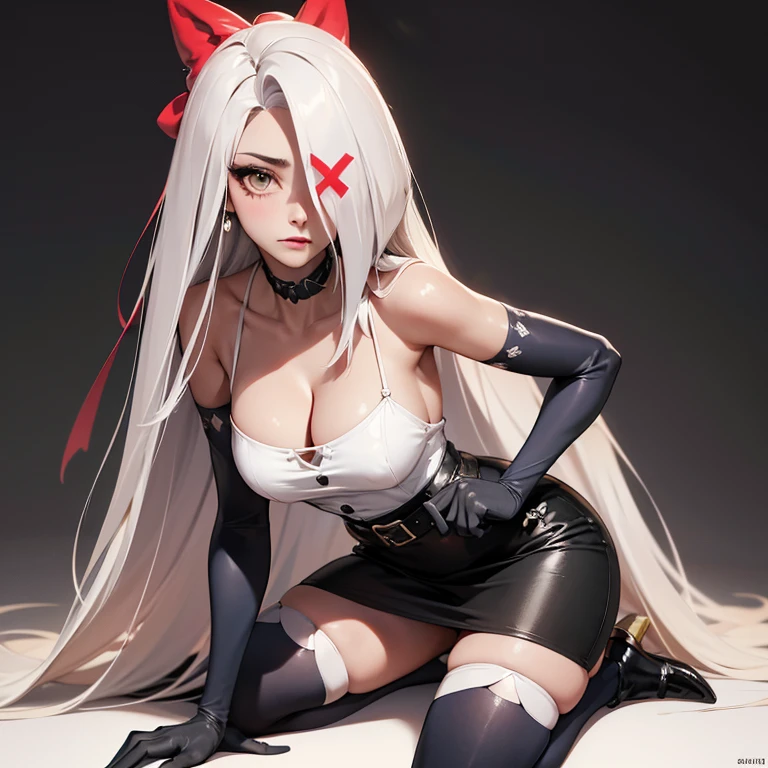 vaggie, (((an x in the eye))) ((gray skin))((corps entier 5.5, plan large 2.5)), from behind、from behind、on all fours,(masterpiece, best quality:1.4), absurdres, highres, ultra detailed, beautiful, (secretary), (perfect face, detailed face, beautiful:1.3),(natural breasts, cleavage), collarbone, fingerless gloves, gloves,spaghetti strap top, black pencil skirt, tight, over the knee skirt, hat, elegant secretary outfit, thighhighs, thick thighs, thighs, multiple belts, More detailed 8K.motor irreal:1.4,UHD,La mejor calidad:1.4, fotorrealista:1.4, textura de la piel:1.4, obra maestra:1.8,obra-prima, mejor calidad,objeto Objeto], (detailed face features:1.3),(manos detailed)