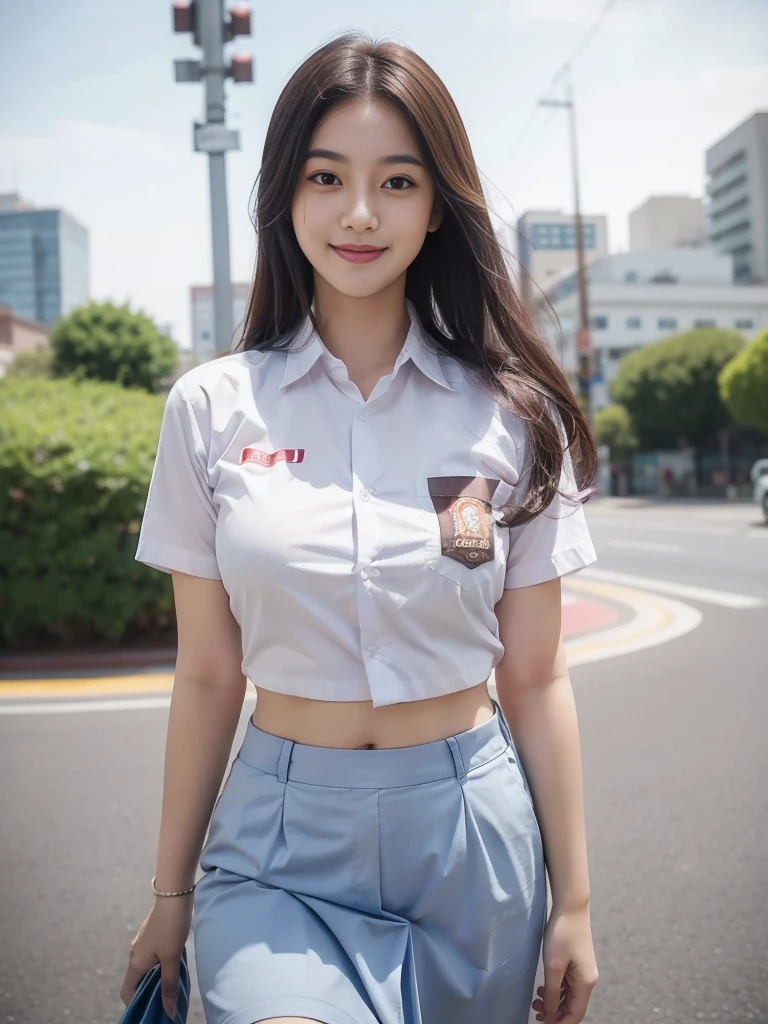 1girl, solo, 19 years old, (uniform), detailed Metropolitan city at the background, portrait, thick breasts, semi-curvy body, Sixpack abs, smooth realistic skin, cute smile, tight white shirt, grey blue short skirt, looking at the audience, high angle shot,(8k, RAW photo, best quality, masterpiece: 1.3), (realistic, realistic: 1.37), ultra-high resolution, cowboy shot