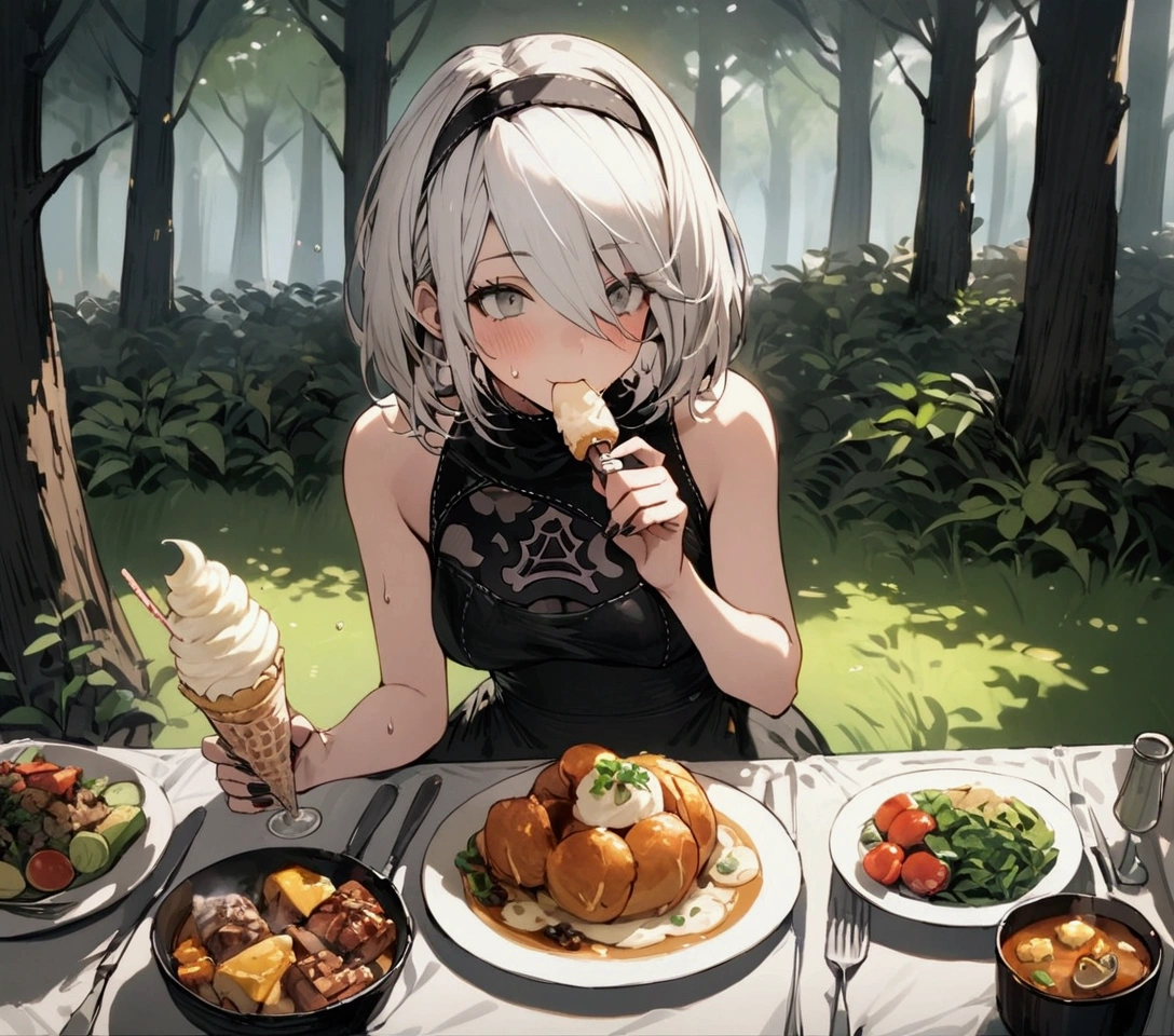 Best Quality, 2b nier automata, Eating an ice-cream, sweating,  Whole body, sweating, no skirt,  beautiful dinners,  in the background a forest 