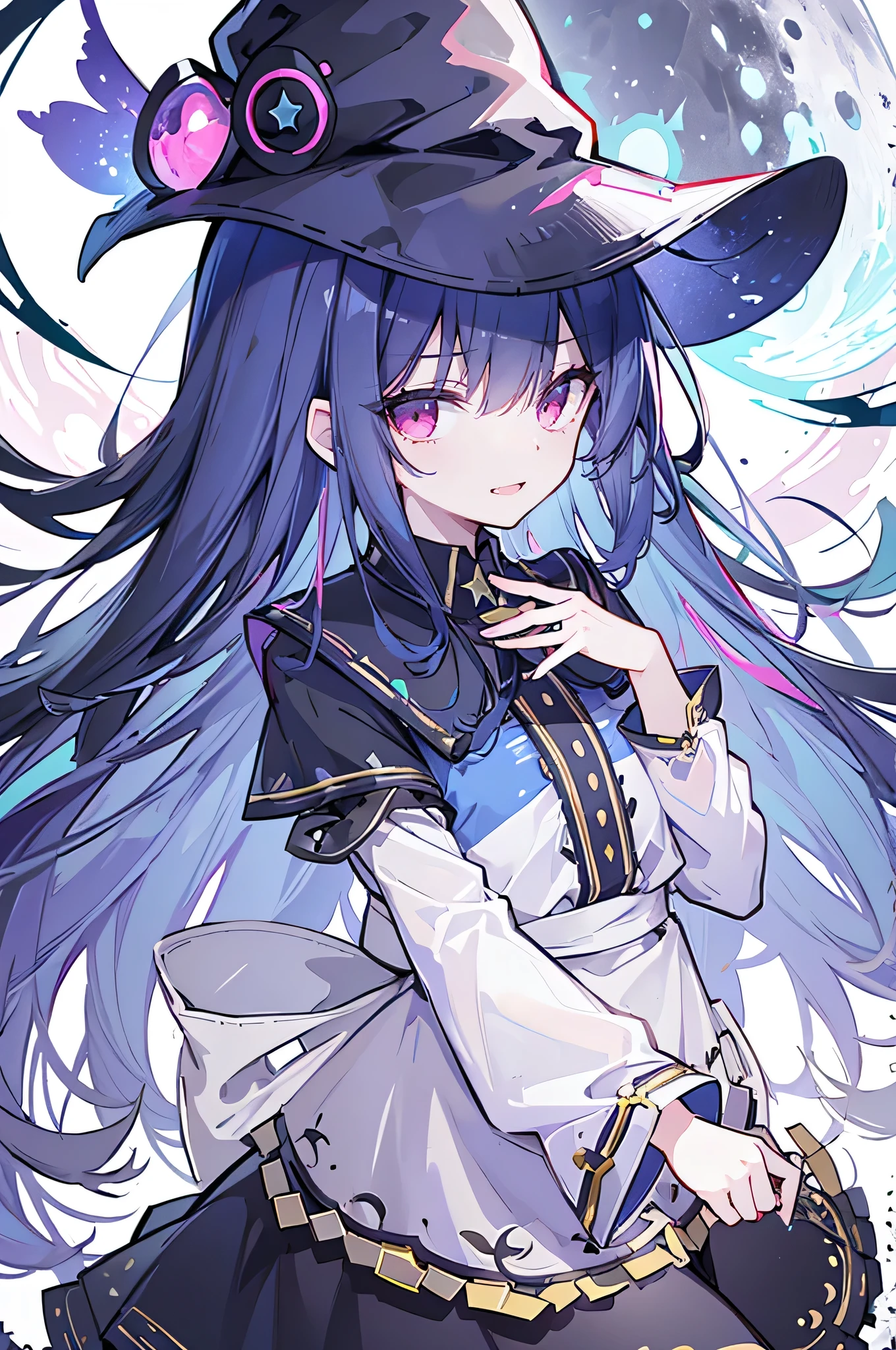oung Girls,Humanity,A magician always smiles,big witch hat,cute,dark blue long hair,The eyes are dull,The bangs are heavy,Thin eyebrows,fantasy,intake,Double teeth,Star Theme,Constellation pattern,Solid color clothetal decoration,cloak,A bit of a dark atmosphere,A little crazy smile,When the big moon shines outside at night,blood,Hair black star embellishment,Short tie,No nails,High waist skirt,Bell sleeves,Long-sleeved shirt,Black tie,low risk,gentlemen。Mist、Yellow and white effect,Shocking pink as an accent color