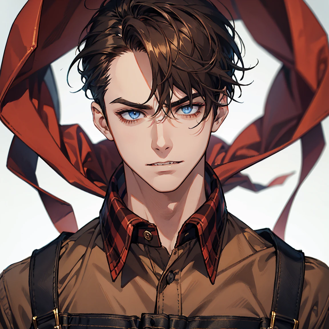 Close shot, standing , killer,eyes focus, male focus , v-taper body, rough {cut short hairstyle, very dark brown hair, male focus, mature
Gold eyes, rings under the eyes, pale skin, sharp teeth} (handsome) , pretty perfect face, wearing a red and black checked flannel shirt, blue dungarees , BREAK (masterpiece) best quality, highest detail, superior quality, natural lighting, white background