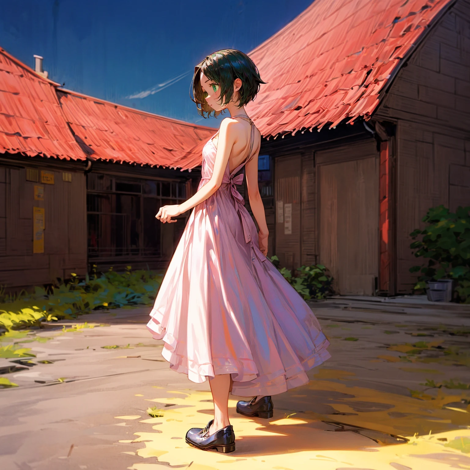 solo, girl, green eyes, short haircut, black hair, bare shoulder dress, pink dress, shoes, outdoor, medieval town, sky blue, full body version, full shot camera, detail background, detailed hair, detailed clothing, (Bleach style art)
