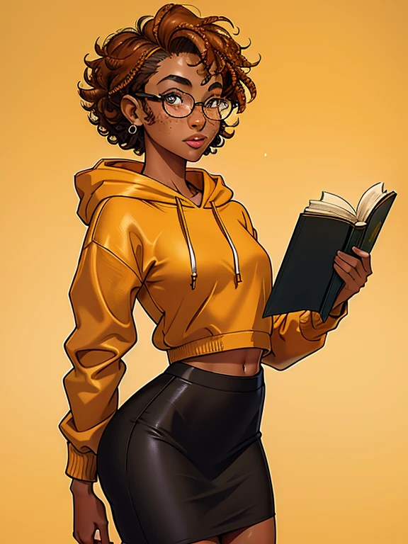 (masterpiece,best quality,absurdres,beautiful,aesthetic,detailed), (Detailed face:1.2), (Detailed eyes:1.2), 1girl, solo, 20 year old college student, ((slim, petite)) , she has tan-bronze skin with some freckles, short curly black hair with orange highlights, amber colored eyes, (Wearing: reading glasses, yellow hoodie, black pencil skirt), college background