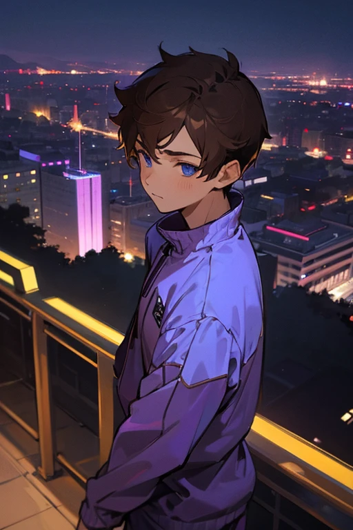 1 boy, brown hair, blue eyes, purple tracksuit, city at night