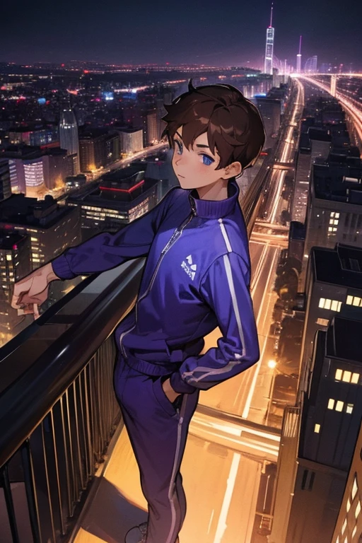 1 boy, brown hair, blue eyes, purple tracksuit, city at night