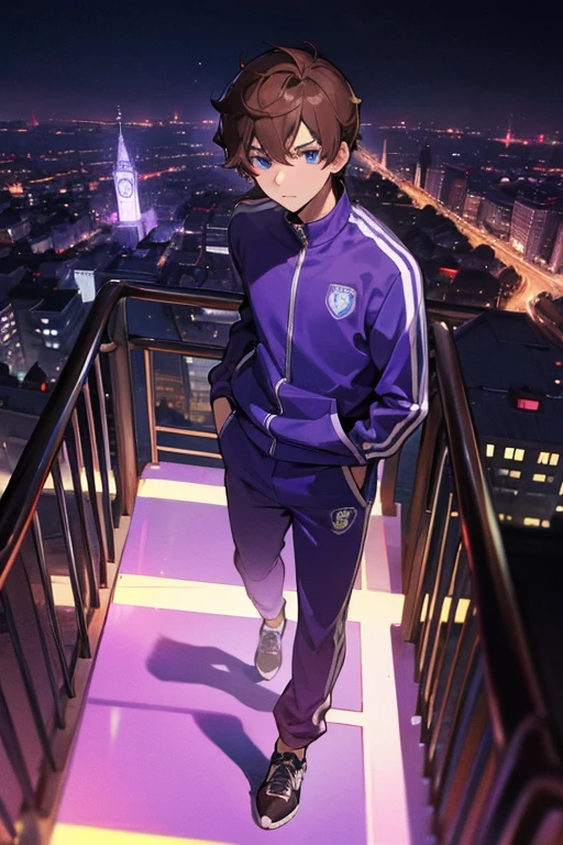 1 boy, brown hair, blue eyes, purple tracksuit, city at night