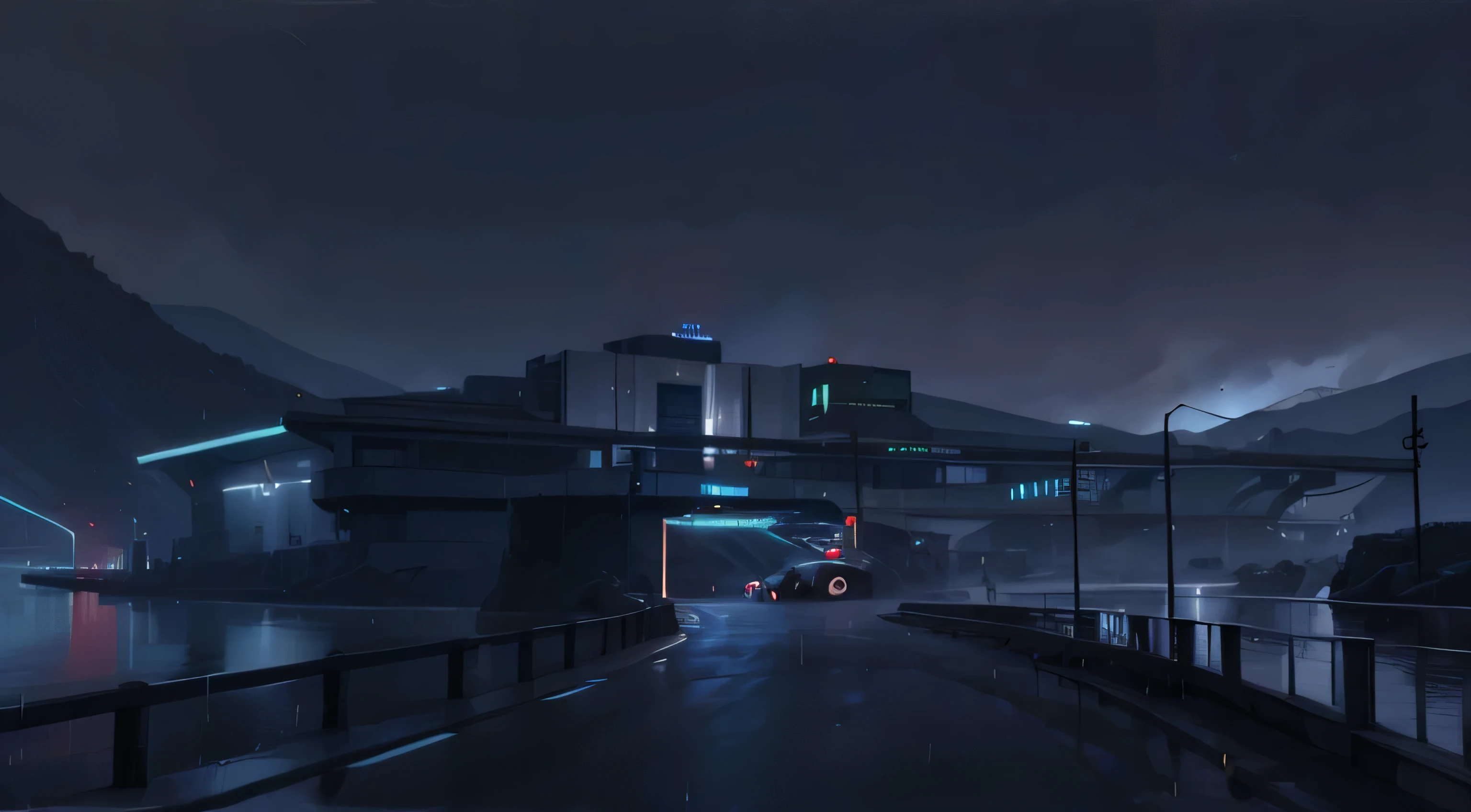 sci-fi building in mountain, road, night, rain