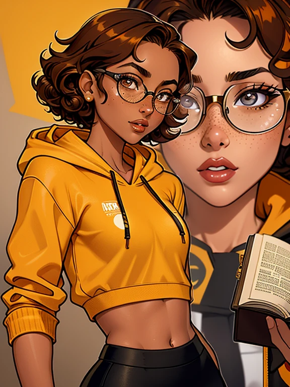 (masterpiece,best quality,absurdres,beautiful,aesthetic,detailed), (Detailed face:1.2), (Detailed eyes:1.2), 1girl, solo, 20 year old college student, ((slim, petite)) , she has tan-bronze skin with some freckles, short curly black hair with orange highlights, amber colored eyes, (Wearing: reading glasses, yellow hoodie, black pencil skirt), college background