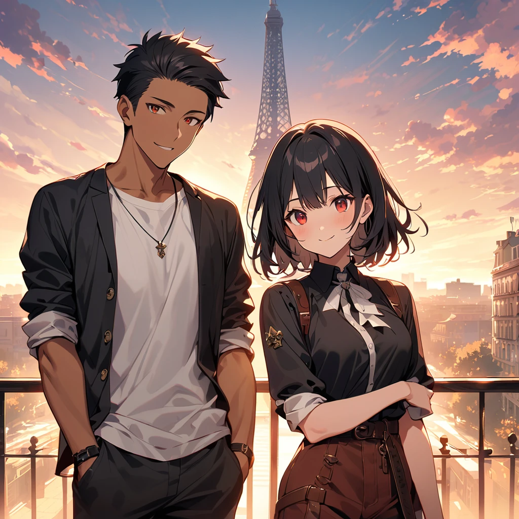 Orochikyo、Dark Skin、2 people、Red eyes、Black jacket（Rolled up sleeves）、Fingerless gloves、Black Hair、White T-shirt、（（White headband））、Black pants、White shoes、Brown belt、good looking、shot、Charm、masterpiece、High resolution、Detailed face、Fine grain、morning、null、A confident smile、Looking at the viewer with his lover and the Montparnasse Tower in the background、Smiling man and woman、France、They are standing with their arms around each other&#39;s shoulders.
