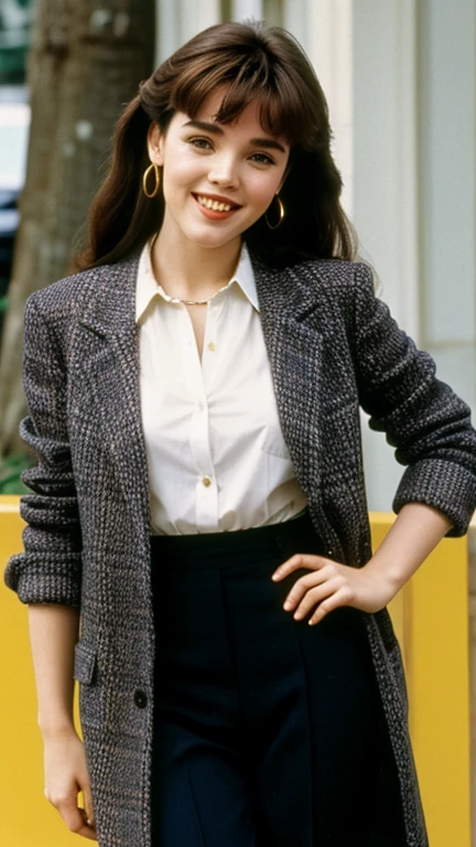 Isabelle Adjani wearing 90s style clothes and smiling