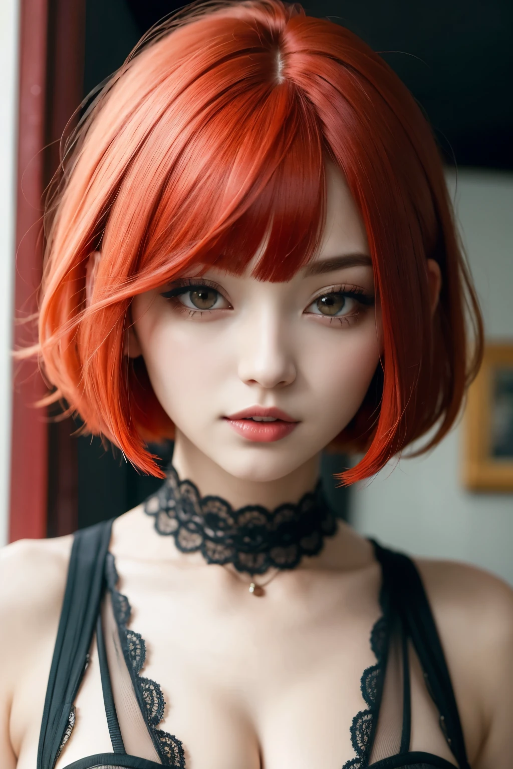 ((best qualityer)), ((work of art)), (detailded), 1 girl, vibrant red hair, short bob hair with straight bangs, vibrant red eye, realisitic