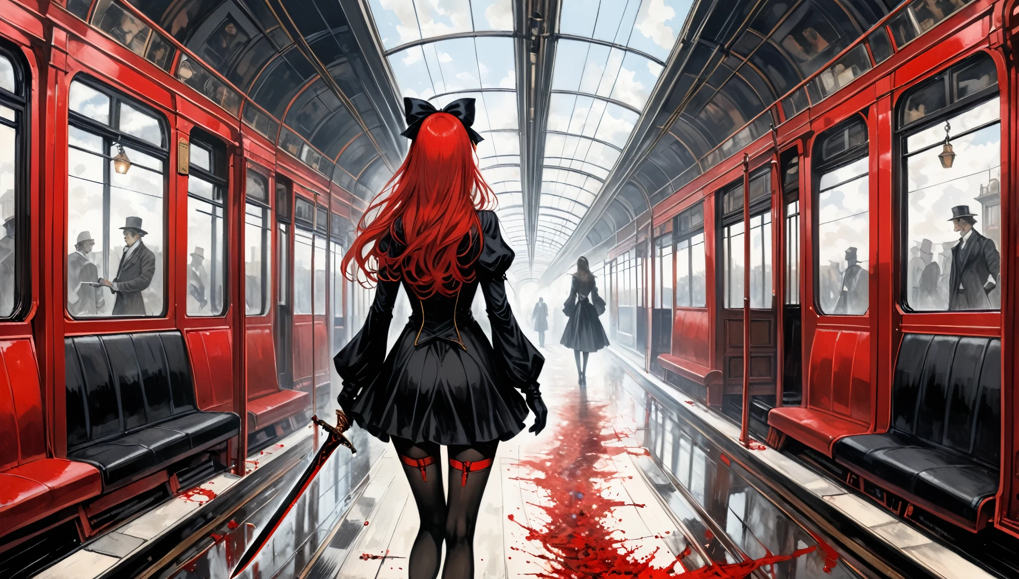 in style of Santiago Caruso,in style of Albert Pinkham Ryder,in style of Arthur Wardle,in style of Azusa Takaku
BREAK
1 girl,incredibly long red hair,black hair bow behind the head,small black shawl,white puff sleeve shirt,half-finger gloves,black silk pantyhose,red garter belt,fine sword,red blood line,from behind,tram background,vanishing point composition,from below,looking at viewer,the flowing blood,dead body,wide shot