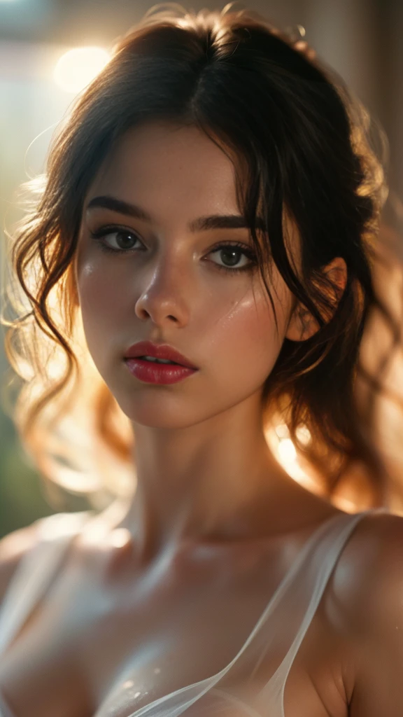 (((ultra realistic))) Photo, masterpiece, top quality, (pale skin), (Ultra detailed face and eyes:1.3), 1 girl, Adult, in a sheer silk T-shirt, full body, (Eye makeup, mascara) , ((large detailed lips)), ((ash wavy hair)), ((Chyolka)) , (Natural breasts), (hard nips), Slim waist. ((Posing)), photoshoot, studio (soft lighting), (The play of light and shadows), depth of field, bokeh, (special attention to skin detail: 1.2), Detailed leather texture, skin pores. (Airy atmosphere of the frame. Color range - delicate, Bright, white, Pink tones), UDR, ((Film grain)), ((rays)), ((glare of the sun)), ((waist up portrait, close to the camera)) , ultra detialed,