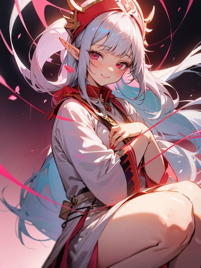 Draw me an mature girl anime,she had a straight bangs and long hair with silver colour,she had a elf ear,and red colour eye. Wearing a priestess pink colour outfit with head cap,she smiling to camera,white background, beautiful art,holy string behind her, flower rose petal around her 