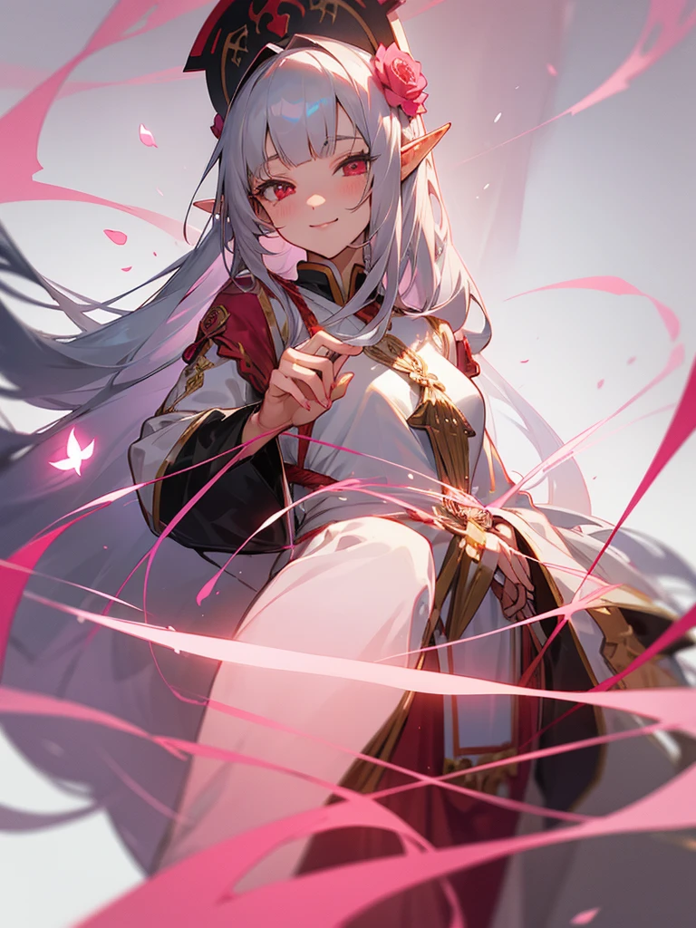 Draw me an mature girl anime,she had a straight bangs and long hair with silver colour,she had a elf ear,and red colour eye. Wearing a priestess pink colour outfit with head cap,she smiling to camera,white background, beautiful art,holy string behind her, flower rose petal around her 