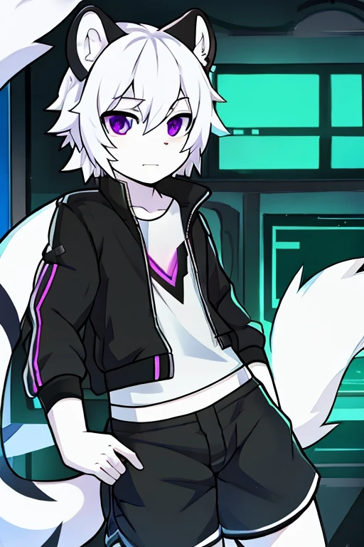White fur tiger, little, adolescent , with white tail, White hair, black jacket, address shirt, shorts negros, purple eyes, hacker