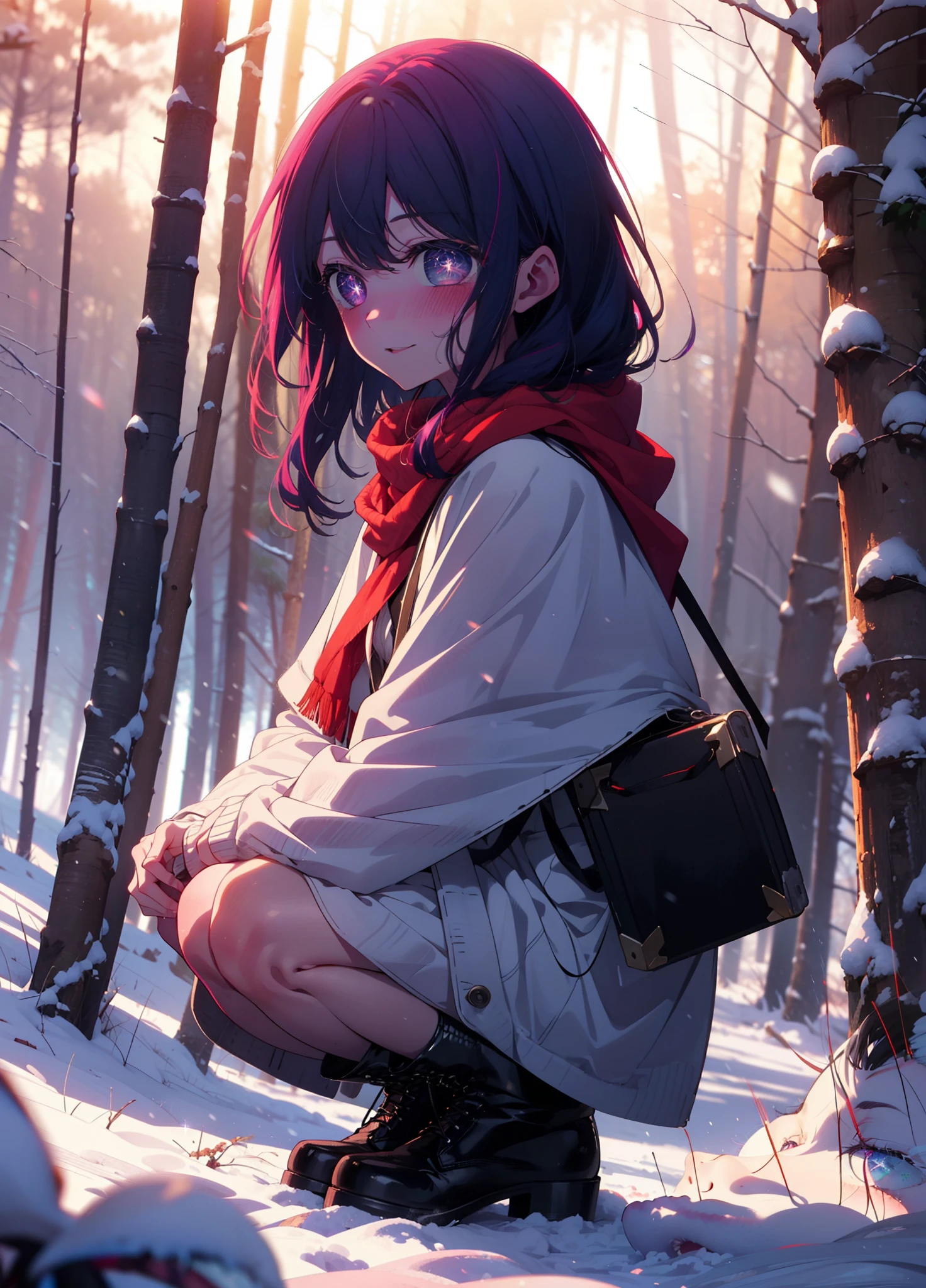 aihoshino, Ai Hoshino, Long Hair, bangs, (Purple eyes:1.1), Purple Hair, (Symbol-shaped pupil:1.5), smile,,smile,blush,white breath,
Open your mouth,snow,Ground bonfire, Outdoor, boots, snowing, From the side, wood, suitcase, Cape, Blurred, , forest, White handbag, nature,  Squat, Mouth closed, Cape, winter, Written boundary depth, Black shoes, red Cape break looking at viewer, Upper Body, whole body, break Outdoor, forest, nature, break (masterpiece:1.2), Highest quality, High resolution, unity 8k wallpaper, (shape:0.8), (Beautiful and beautiful eyes:1.6), Highly detailed face, Perfect lighting, Extremely detailed CG, (Perfect hands, Perfect Anatomy),