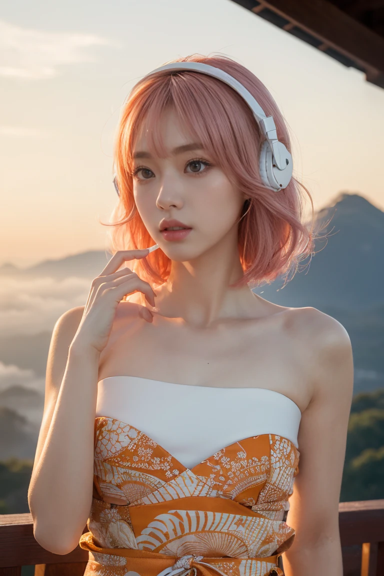Top Quality, Masterpiece, Super High Resolution, (Actual:1.3), Original Photo, (Nature Photography), (Magnificent mountaintop, Sea of clouds), (Very wide mountain top), (Sunrise), (Girl), (Upper body), (Natural Light: 1.0), (Side View: 0.0), (Cowboy Shot: 0.0), (upper body: 1.8), (Close-up: 0.8), Portrait, Cinematic Lighting, Glow, Ray tracing, reflected light, f135mm, UHD, accurate, skin texture, super detail, great detail, high quality, highest quality, 8k, (surrealism: 1.2), BREAK, (Japanese: 1.3), (25 years old: 1.0), (Small breasts: 1.6), (Long, large, slit eyes: 1.8), (Realistic eyes: 1.8), (Height at 160cm: 1.2) , (Transparent white skin: 1.2), (Short curly bright pink hair with bangs: 1.3), (Deep eyeshadow makeup: 1.4), BREAK, (Correct hand: 1.6), (Correct fingertips: 1.6), Sexy pose, (Place hand near cheek: 1.8), BREAK, (Big white headphones: 1.4), (Wearing an orange and white printed strapless dress: 1.3), BREAK, kimono, Japanese patterns,