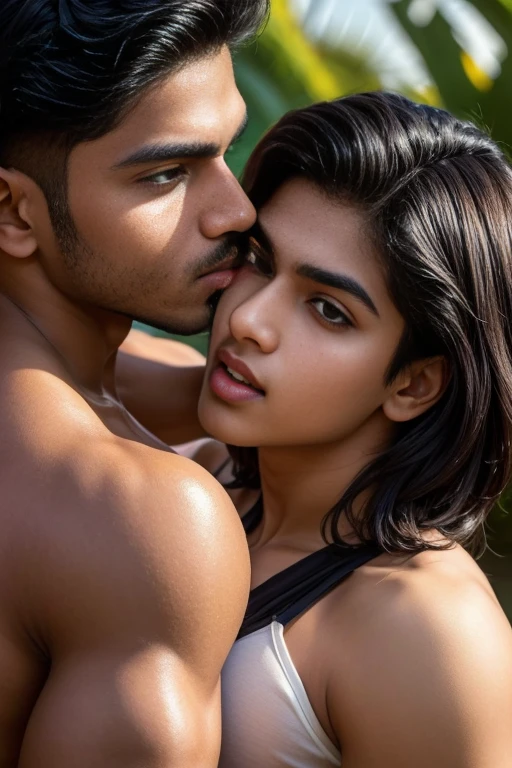 Two person in one picture one is 18 years old handsome indian boy and one is 30 years old masuculine bodybuilder pehlwan jaat man doing mouth to mouth kiss in photo, black-haired, hair falls on your face, Mesmerizing brown eyes, more seductive erotic exotic poses, masterpiece, sunny day, 8k, hd, hdr