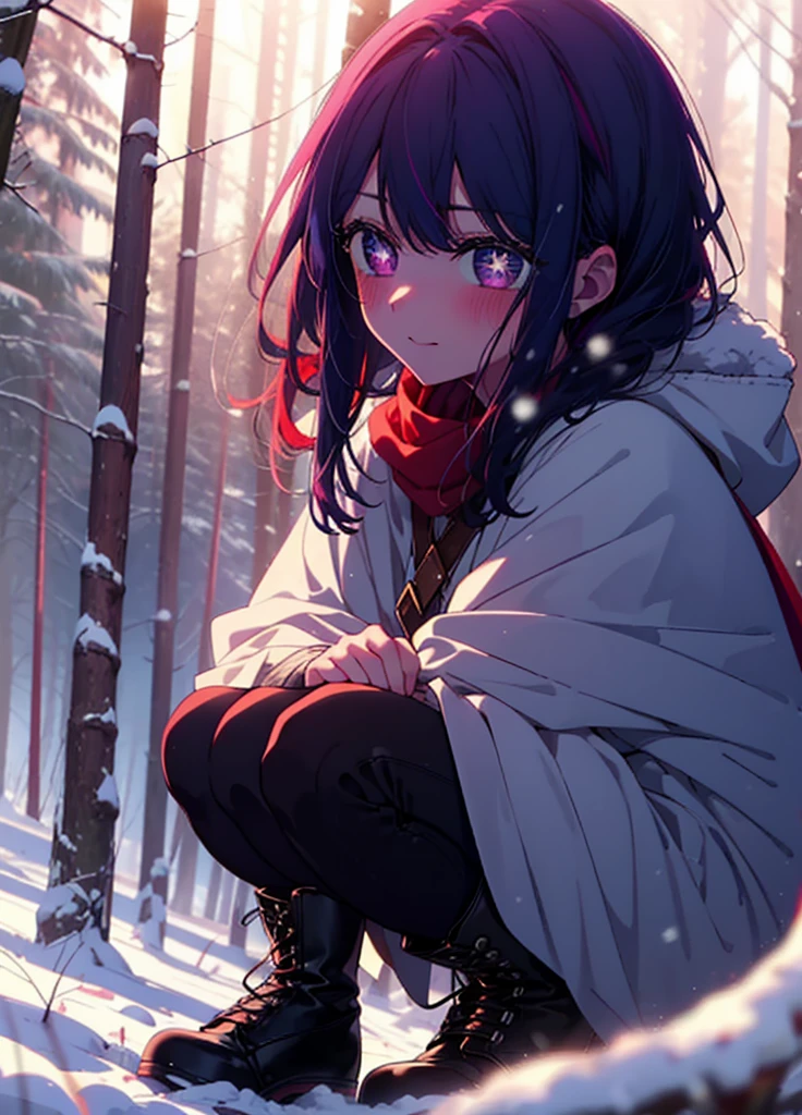 aihoshino, Ai Hoshino, Long Hair, bangs, (Purple eyes:1.1), Purple Hair, (Symbol-shaped pupil:1.5), smile,,smile,blush,white breath,
Open your mouth,snow,Ground bonfire, Outdoor, boots, snowing, From the side, wood, suitcase, Cape, Blurred, , forest, White handbag, nature,  Squat, Mouth closed, Cape, winter, Written boundary depth, Black shoes, red Cape break looking at viewer, Upper Body, whole body, break Outdoor, forest, nature, break (masterpiece:1.2), Highest quality, High resolution, unity 8k wallpaper, (shape:0.8), (Beautiful and beautiful eyes:1.6), Highly detailed face, Perfect lighting, Extremely detailed CG, (Perfect hands, Perfect Anatomy),