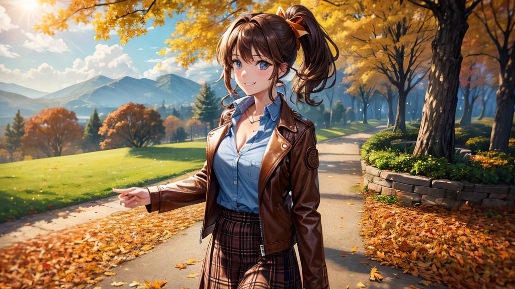 1girl, solo, trees, sun, clouds, autumn, colorful trees, falling leaves, ((brown hair)), ponytail, large breasts, ((brown leather jacket)), button down shirt, ((blue checked shirt)), ((unbuttoned shirt)), unbuttoning buttons, cleavage 1:3, blue eyes, long skirt, brown boots, smile, happy, looking at the viewer, walking, hair ribbon, golden necklate