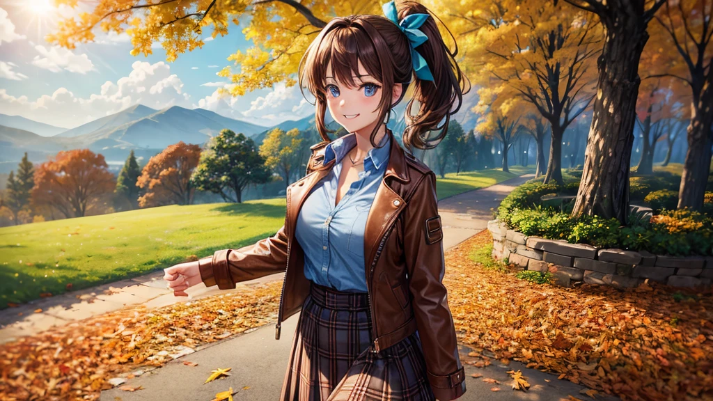 1girl, solo, trees, sun, clouds, autumn, colorful trees, falling leaves, ((brown hair)), ponytail, large breasts, ((brown leather jacket)), button down shirt, ((blue checked shirt)), ((unbuttoned shirt)), unbuttoning buttons, cleavage 1:3, blue eyes, long skirt, brown boots, smile, happy, looking at the viewer, walking, hair ribbon, golden necklate
