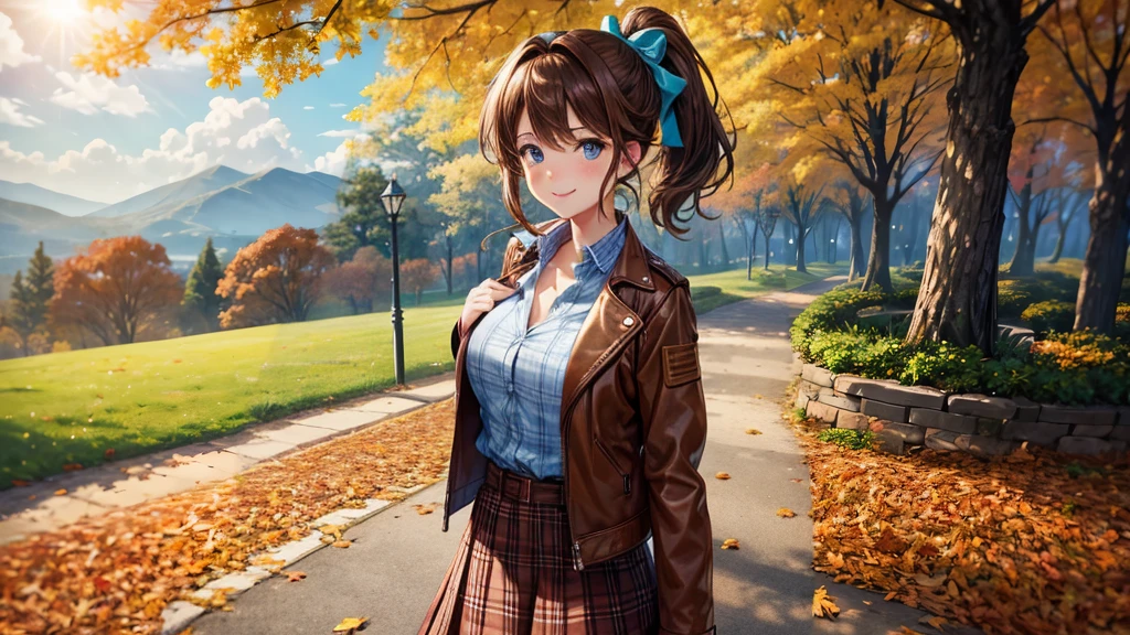 1girl, solo, trees, sun, clouds, autumn, colorful trees, falling leaves, ((brown hair)), ponytail, large breasts, ((brown leather jacket)), button down shirt, ((blue checked shirt)), ((unbuttoned shirt)), unbuttoning buttons, cleavage 1:3, blue eyes, long skirt, brown boots, smile, happy, looking at the viewer, walking, hair ribbon, golden necklate