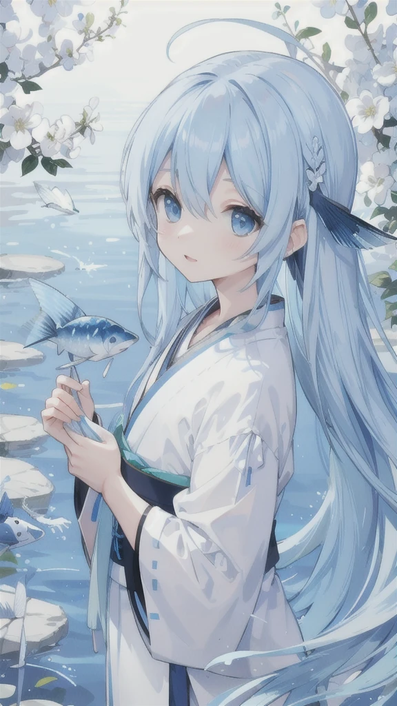 flying fish,Blue and gray Hanfu,light blue long hair