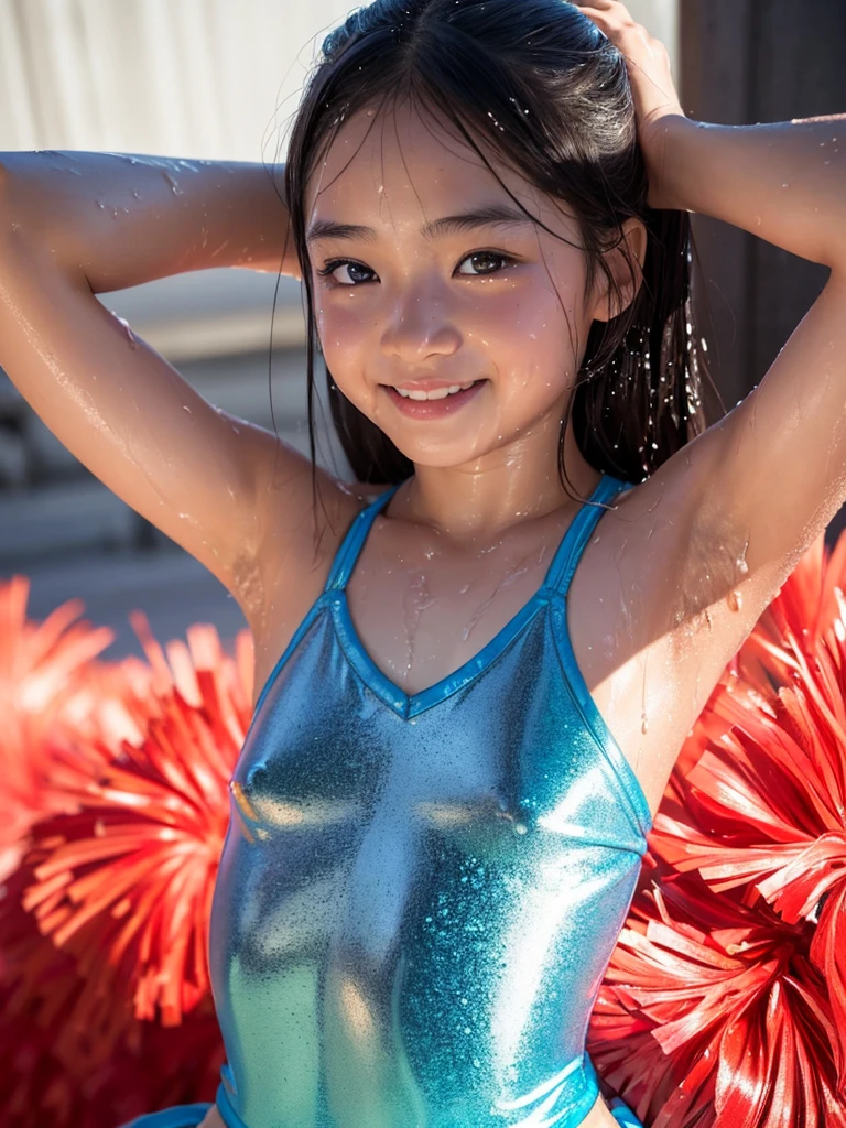 (best quality:1.2), masterpiece, Realistic, Ultra-high resolution, ((a beautiful Japanese idol woman:1.2)), (Gaunt:1.3), (((Very flat chest:1.4))), ((Baby Face)), ((upper body)), (nup, cheerleader:1.2), (show me your armpit:1.2), (sweaty armpit:1.1), ((Armpits are wet and shiny with sweat)), She has skin that sweats easily Soaking wet, Sweaty, (I can see my pores:1.2), topless, solo, smile, standing, looking at viewer
