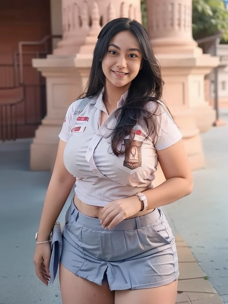 1girl, solo, 19 years old, (uniform), detailed Metropolitan city at the background, portrait, thick breasts, semi-curvy body, Sixpack abs, smooth realistic skin, cute smile, tight white shirt, grey blue short skirt, looking at the audience, high angle shot,(8k, RAW photo, best quality, masterpiece: 1.3), (realistic, realistic: 1.37), ultra-high resolution, cowboy shot